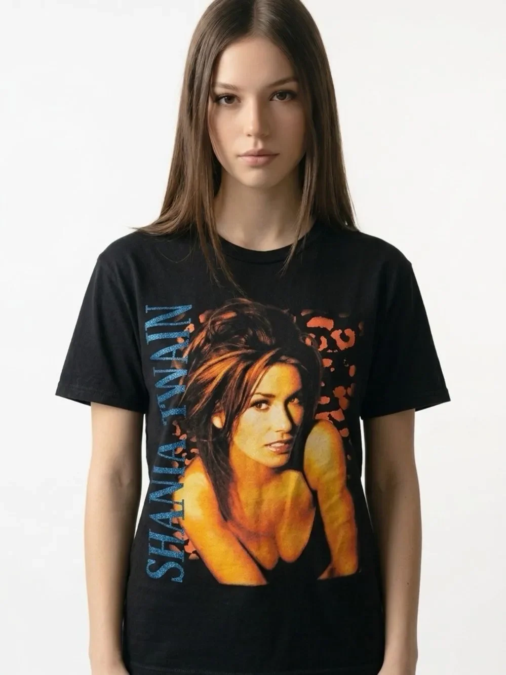 SHANIA TWAIN | Short Sleeve Graphic Black Tee Glitter & Leopard Women’s Size S